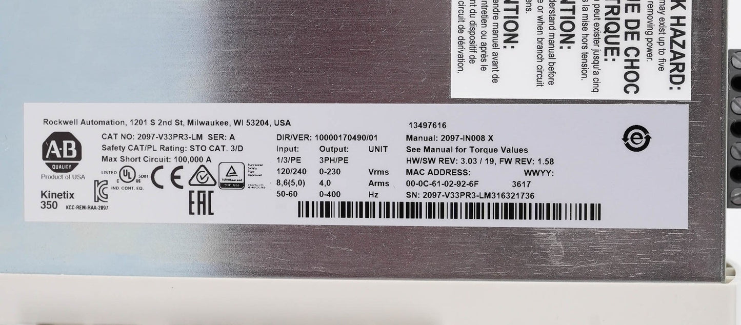 Allen Bradley 2097-V33PR3-LM Ser A Kinetix 350 Servo Drive 240V 1-Phase 2A