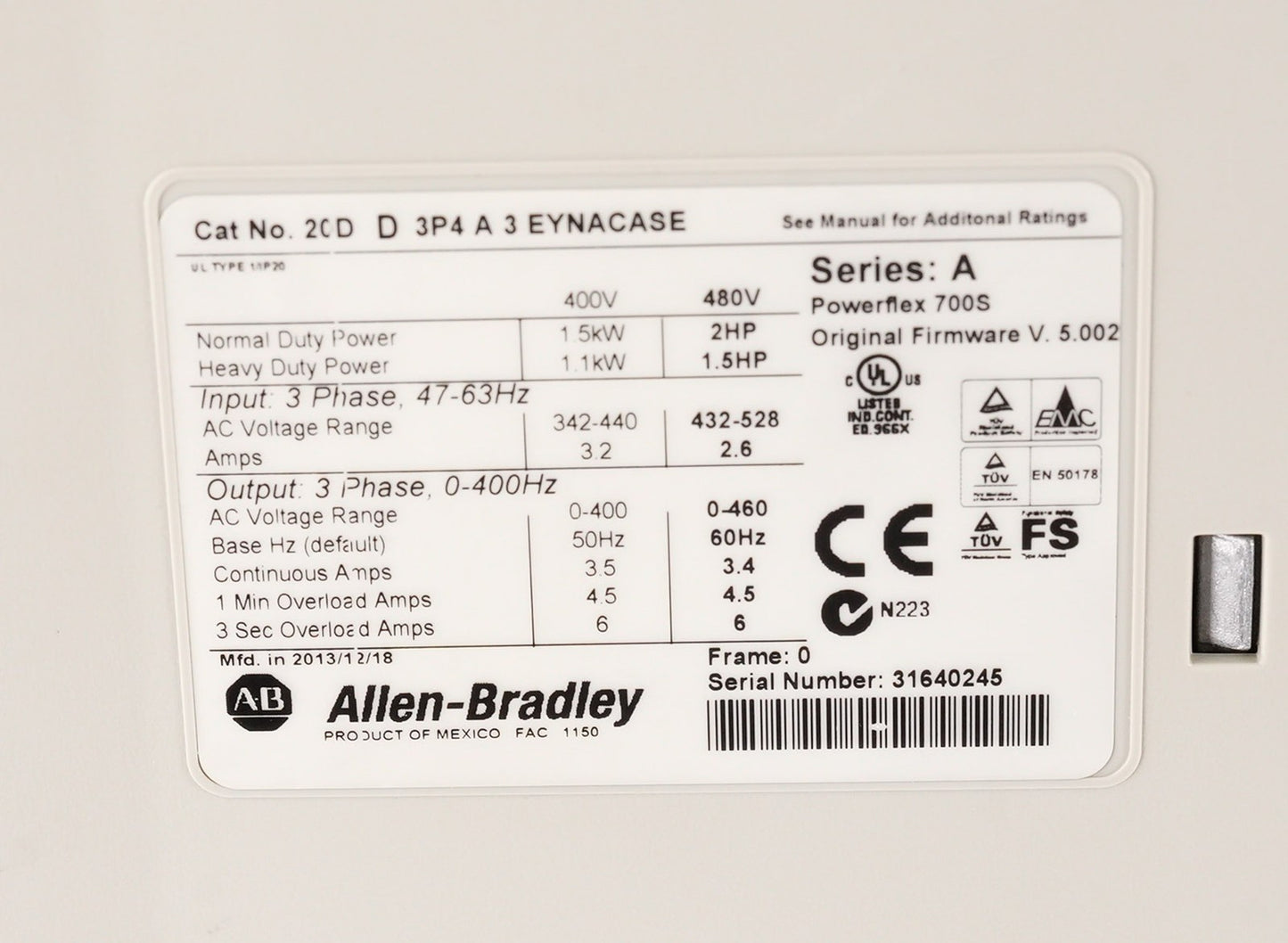 Allen Bradley 20DD3P4A3EYNACASE /A PowerFlex 700S AC Drive 3-Phase 480V