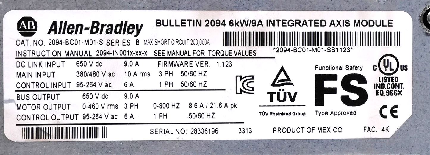 Allen Bradley 2094-BC01-M01-S /B Kinetix 6000 Integrated Axis Module Ser B + WTY