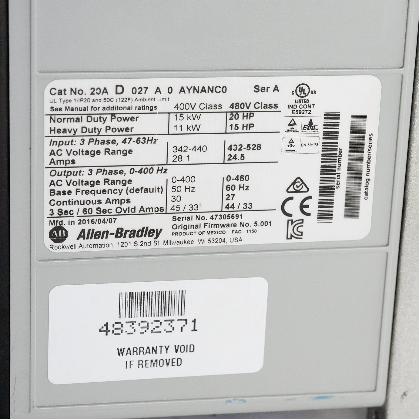 Allen Bradley 20AD027A0AYNANC0 /A PowerFlex 70 AC Drive 20hp - Refurbished
