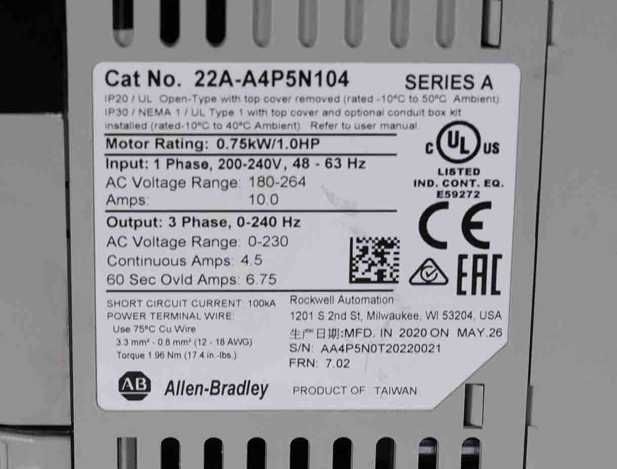 Allen Bradley 22A-A4P5N104 /A PowerFlex 4 AC Drive 1HP 0.75kW 22AA4P5N104