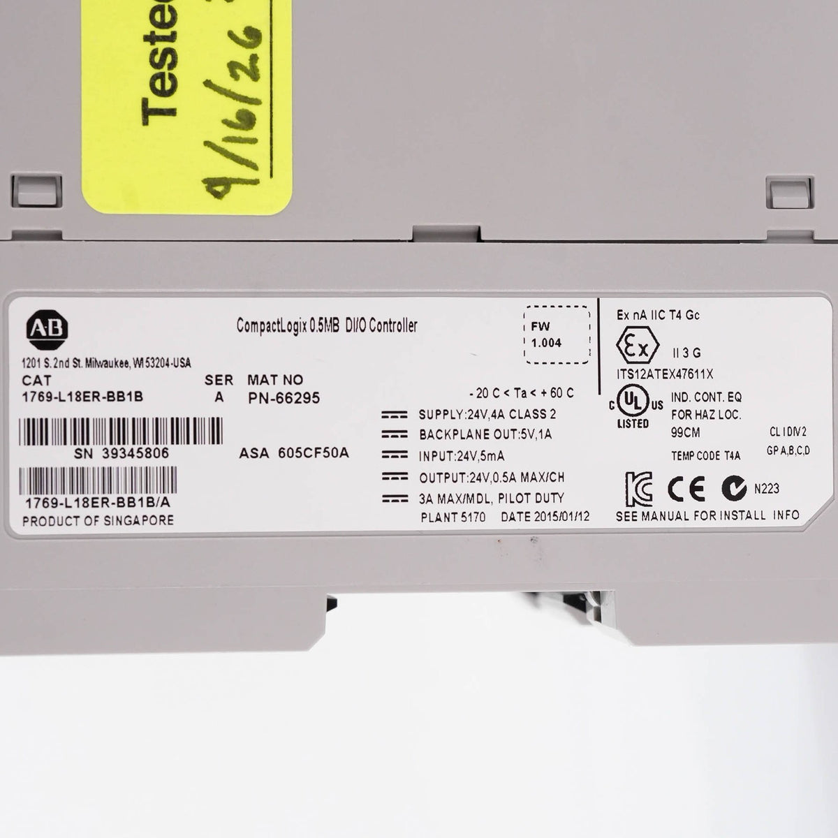 Allen Bradley 1769-L18ER-BB1B /A CompactLogix 5370 L1 Controller 24VDC Ser A