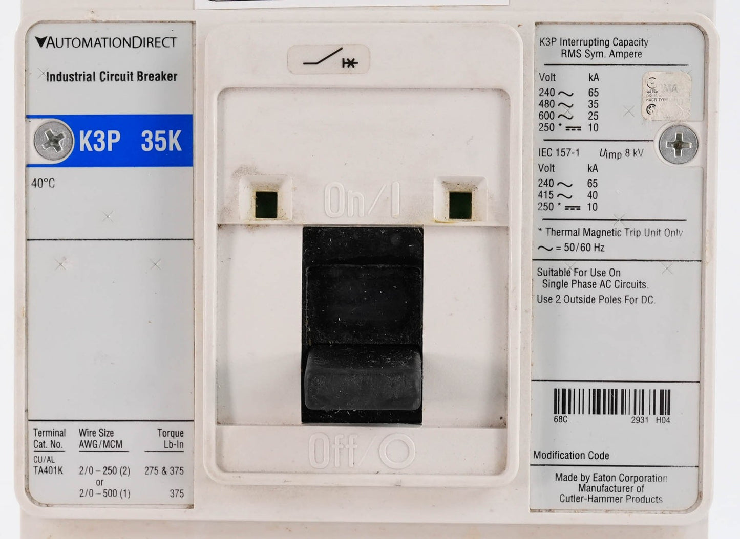 AutomationDirect K3P 35K 350A 3-Pole Industrial Circuit Breaker w/ KT3350T Trip