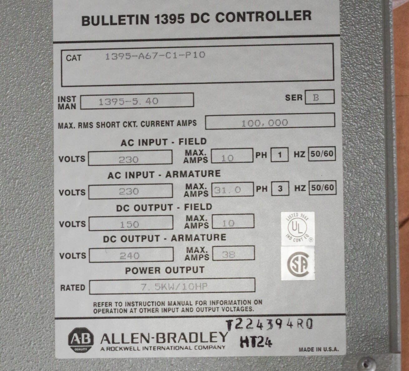 ALLEN BRADLEY 1395-A67-C1-P10 BULLETIN 1395 DC Drive 10hp - New Surplus