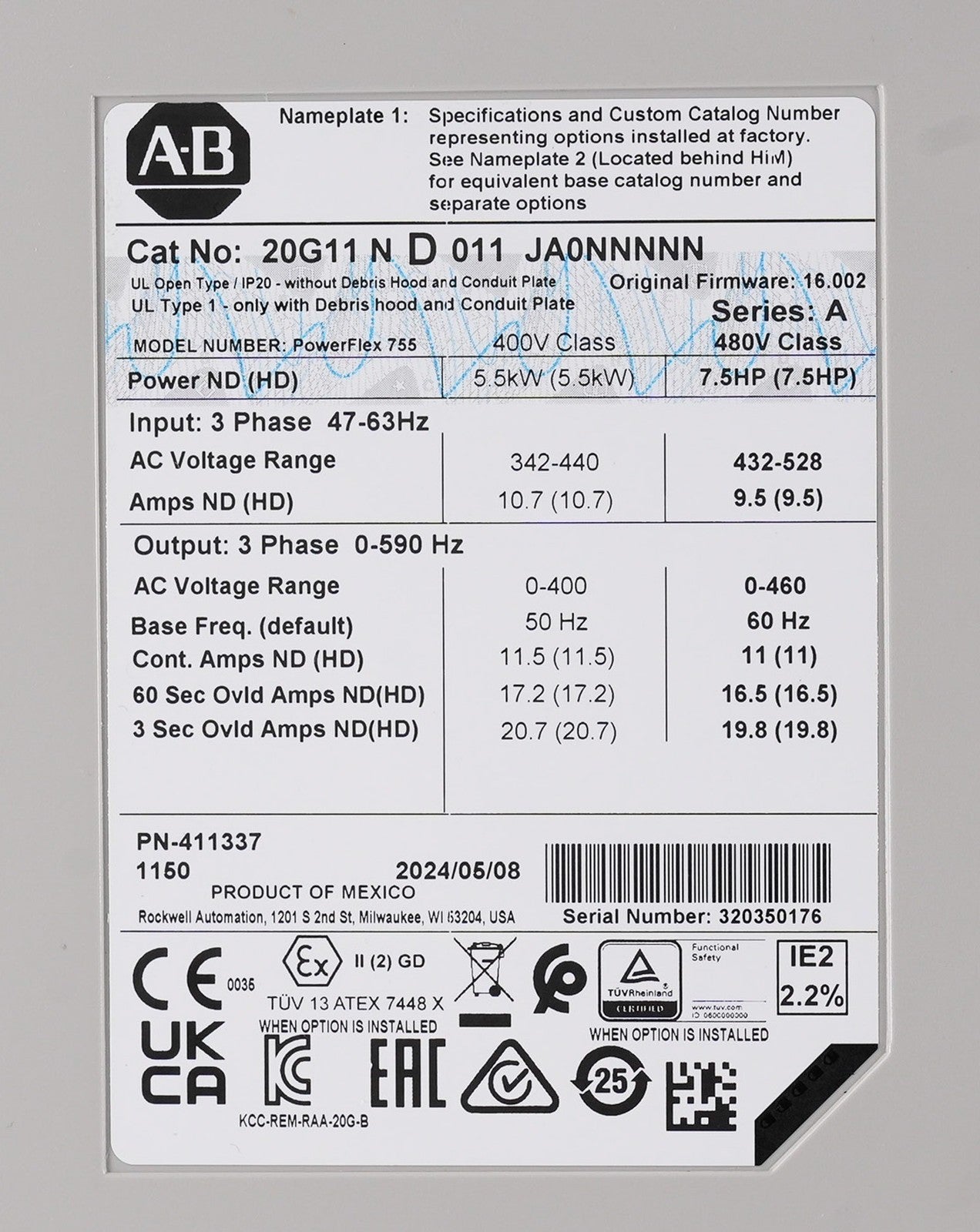 Allen Bradley 20G11ND011JA0NNNNN /A PowerFlex 755 AC Drive 3-Phase 480V 7.5HP