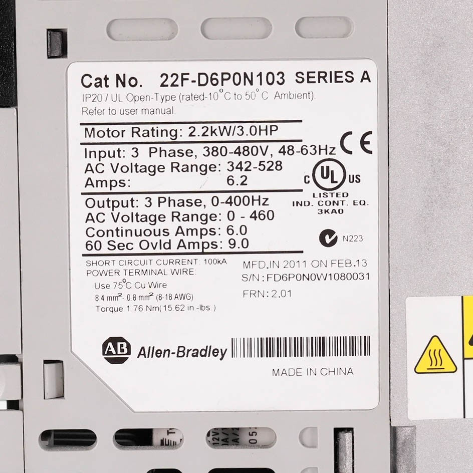 Allen Bradley 22F-D6P0N103 PowerFlex 4M AC Drive 480V 3PH 2.2kW 3HP 22FD6P0N103