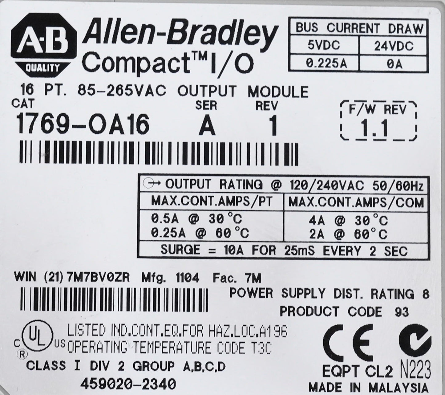 Allen Bradley 1769-OA16 /A CompactLogix 16-Pt Output Module 1769OA16