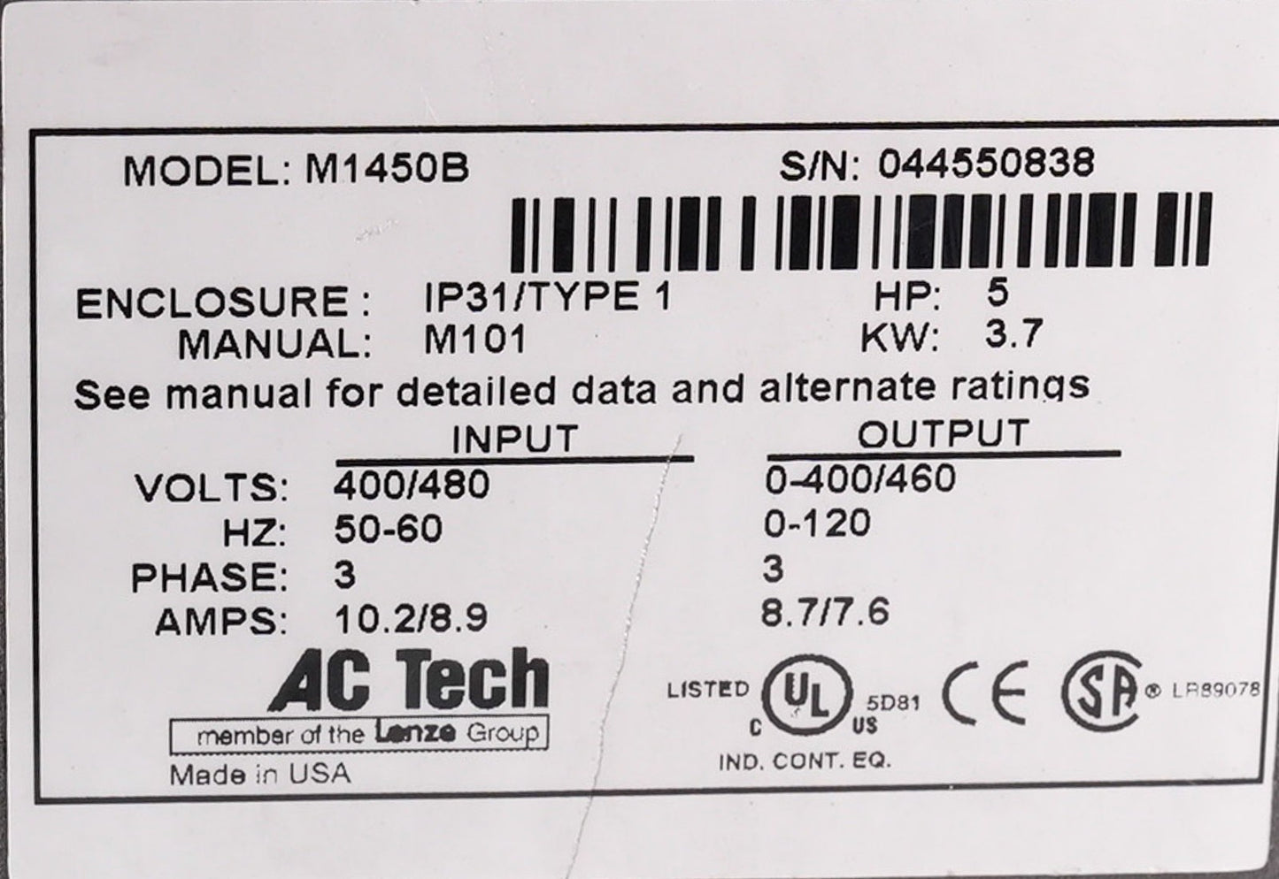 AC Tech M1450B MC Series AC Drive 5HP 480V 3 Phase 7.6A 50/60Hz Lenze