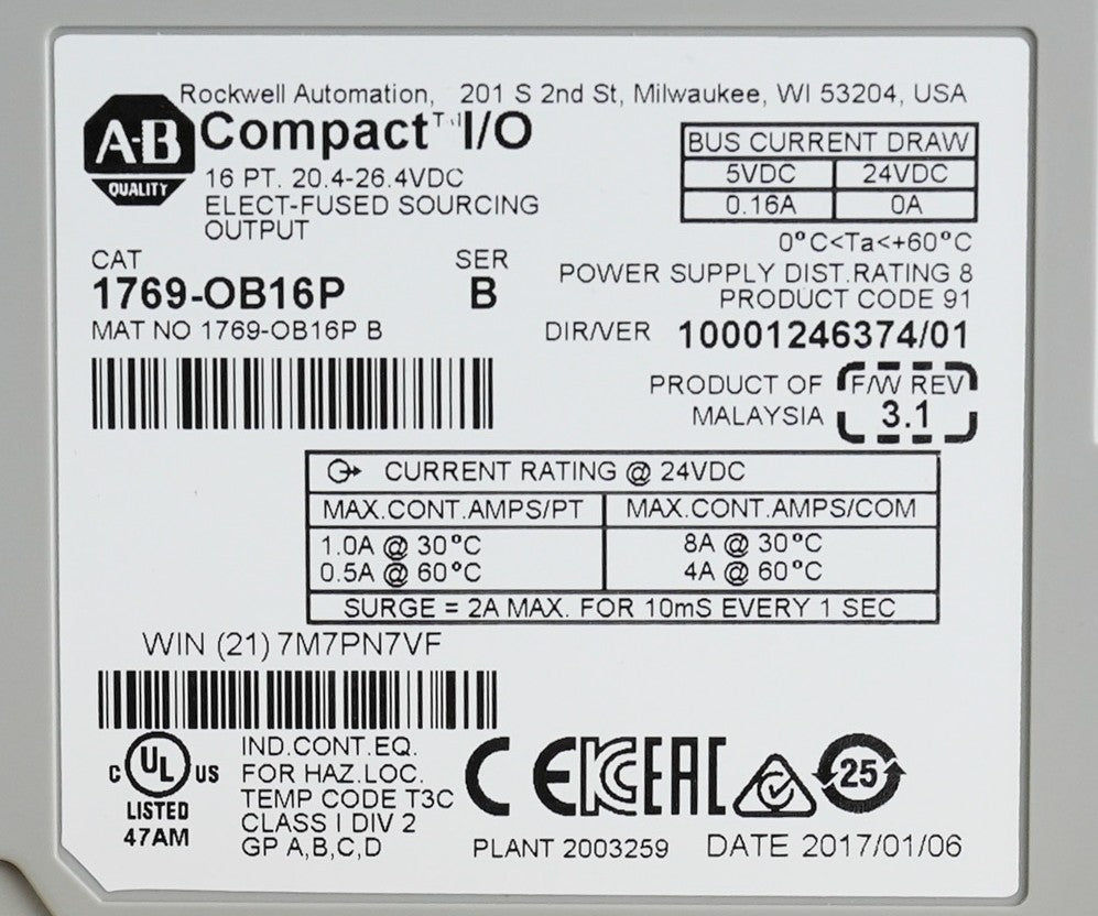 Allen Bradley 1769-OB16P /B Compact I/O Sourcing Output Module 16-Pt - Open Box