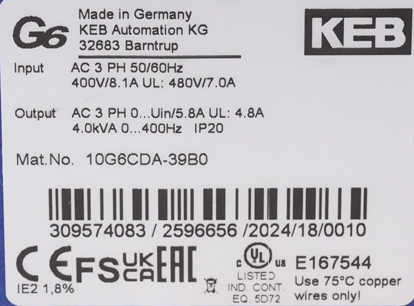 KEB E167544 Servo Drive 10G6CDA-39B0 3-Phase 50/60Hz 400V 8.1A
