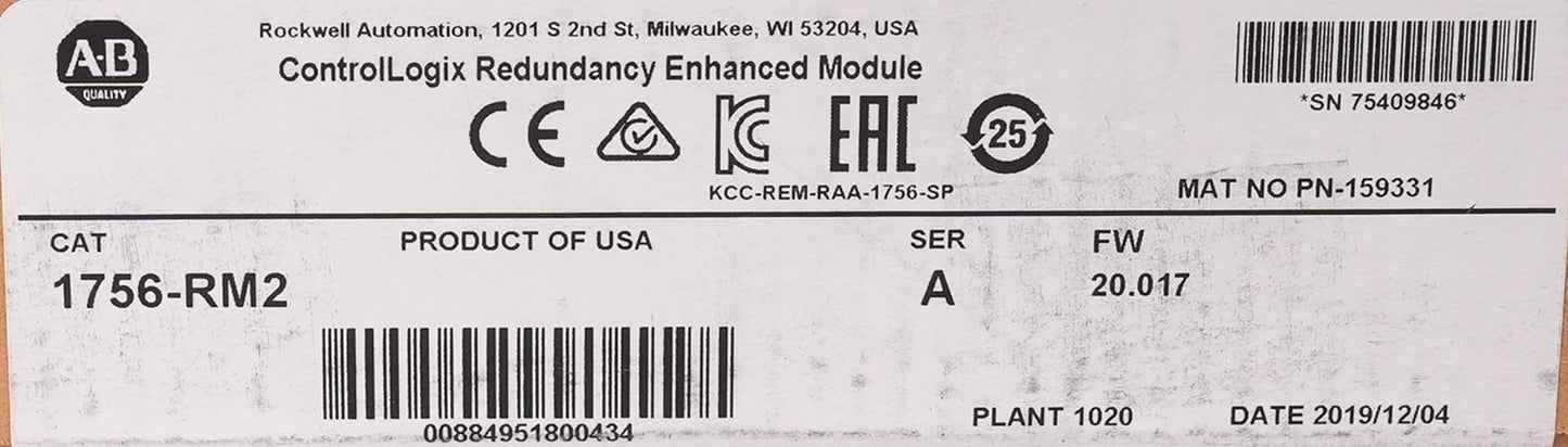 Allen Bradley 1756-RM2 /A ControlLogix Redundancy Module - Sealed Surplus