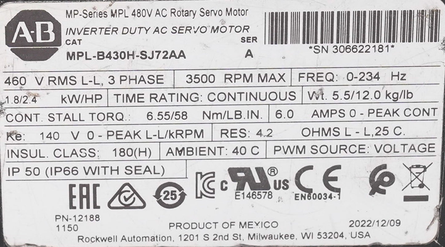 Allen Bradley MPL-B430H-SJ72AA /A Servo Motor 3500RPM MPLB430HSJ72AA