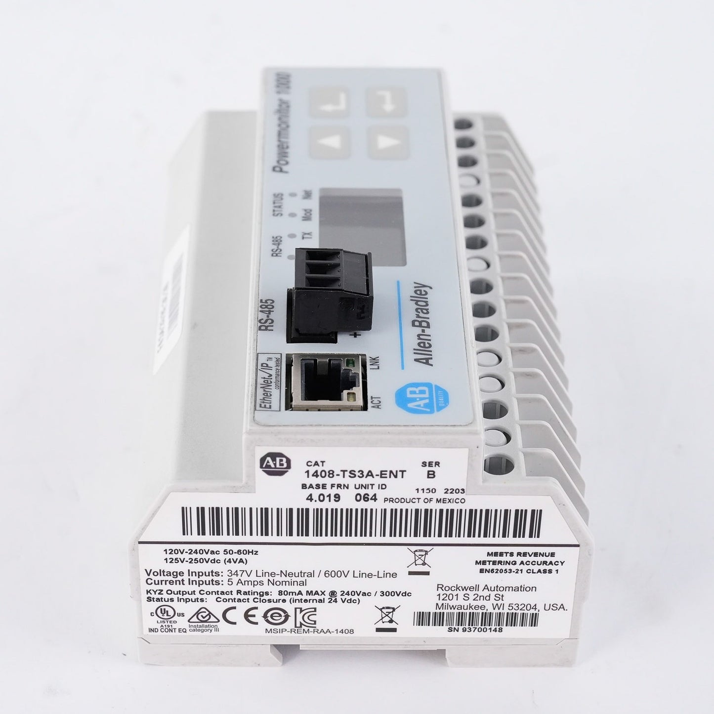 Allen Bradley 1408-TS3A-ENT /B PowerMonitor 1000 FRN 4.019 1408TS3AENT