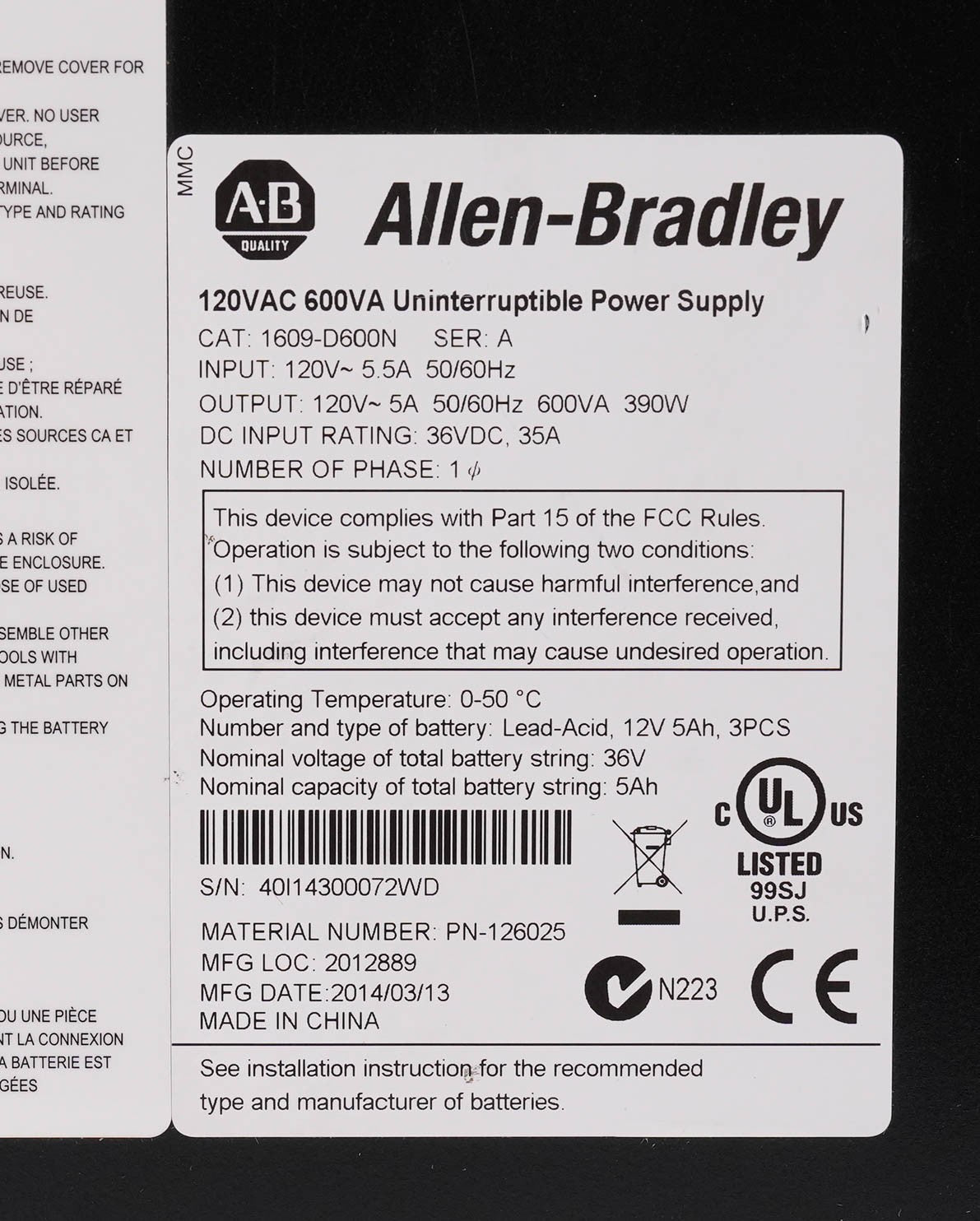 Allen Bradley 1609-D600N Ser A 120VAC 600VA Uninterruptible Power Supply