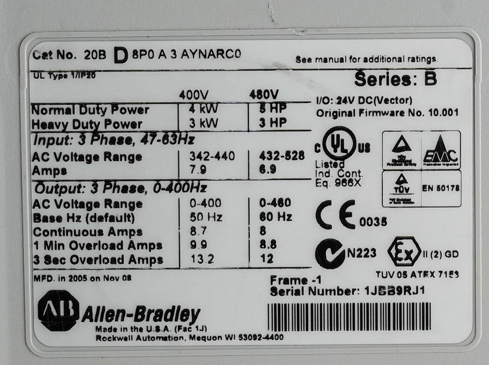 Allen Bradley 20BD8P0A3AYNARC0 /B PowerFlex 700 Drive 480V 5HP Ser B + Warranty