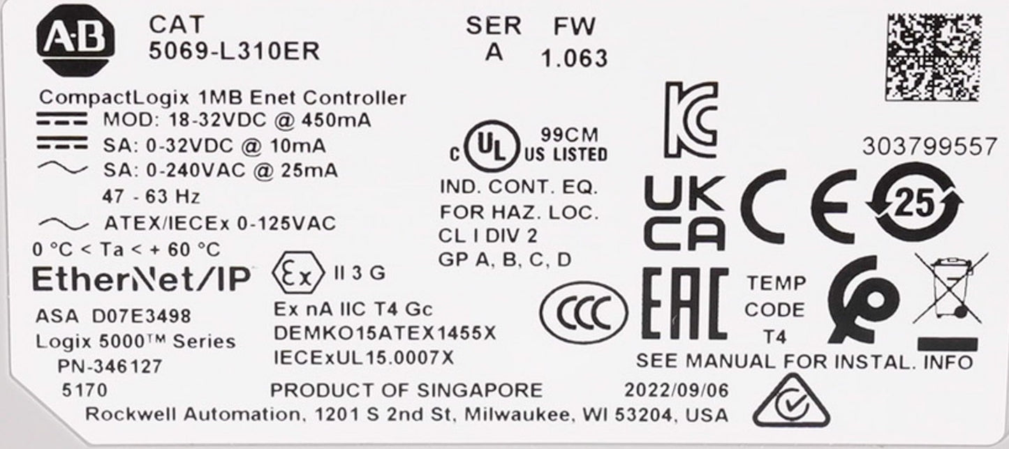 Allen Bradley 5069-L310ER /A CompactLogix 5380 1MB Controller