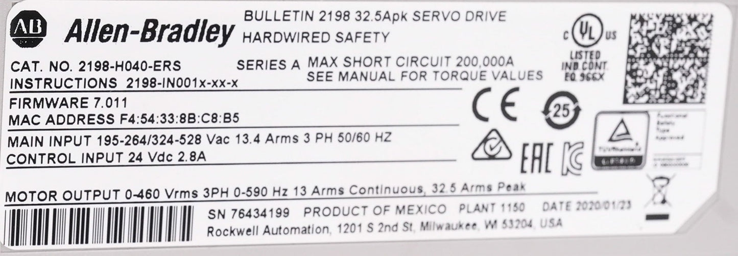 Allen Bradley 2198-H040-ERS /A Kinetix 5500 Servo Drive 3-Phase 2198H040ERS