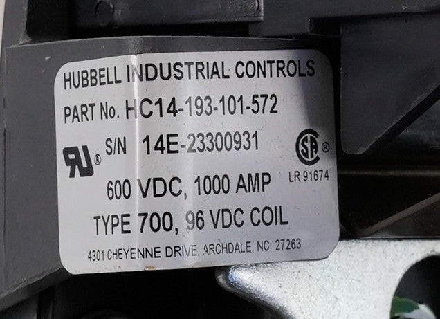 Hubbell HC14-193-101-572 DC Contactor 96V-DC 600V-DC 1000A / HC14193101572