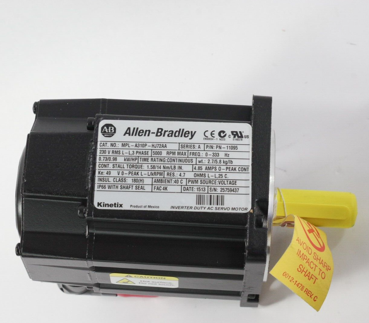 Allen Bradley MPL-A310P-HJ72AA Ser A 230 Volt AC Rotary Servo Motor - No Box