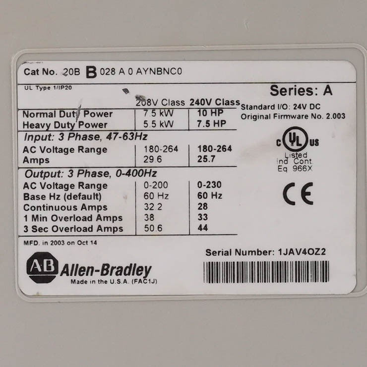 Allen Bradley 20B-B028A0AYNBNC0 PowerFlex 700 Drive 240V 10HP 20BB028A0AYNBNC0