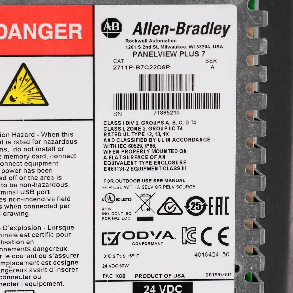 Allen Bradley 2711P-B7C22D9P /A PanelView Plus 7 Perf. 6.5in Color 24V HMI
