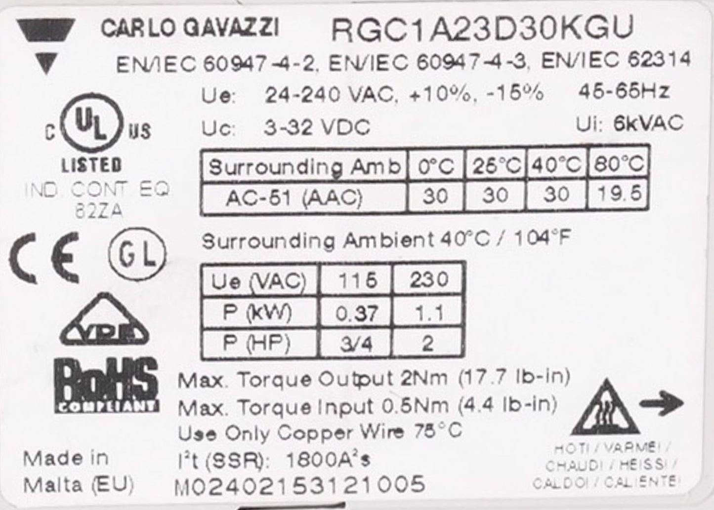 Carlo Gavazzi RGC1A2D30KGU Solid State Relay 1-Pole 30A 3-32VDC 24-240VAC
