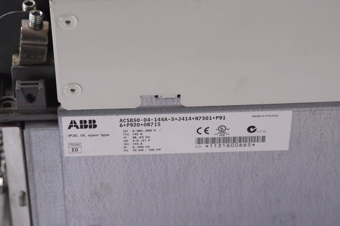 ABB ACS850-04-144A-5+J414+N7501+P916+P920+0R715 Converter -For Parts or Repair