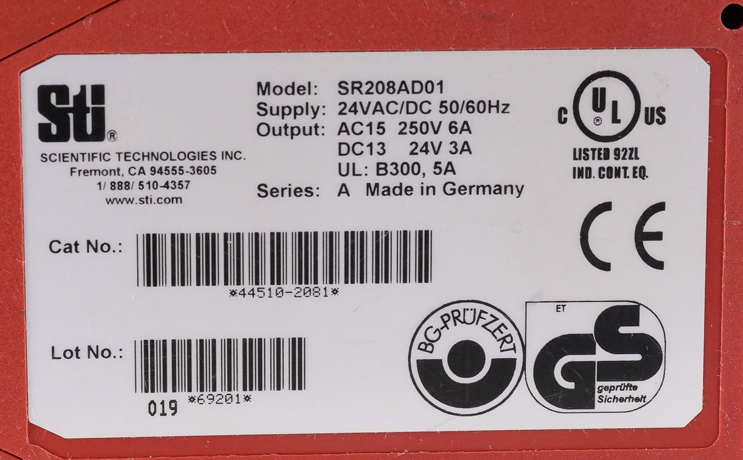 STI SR208AD01 Safety Relay 24VAC/DC 50/60Hz 250V 6A SR208AD01
