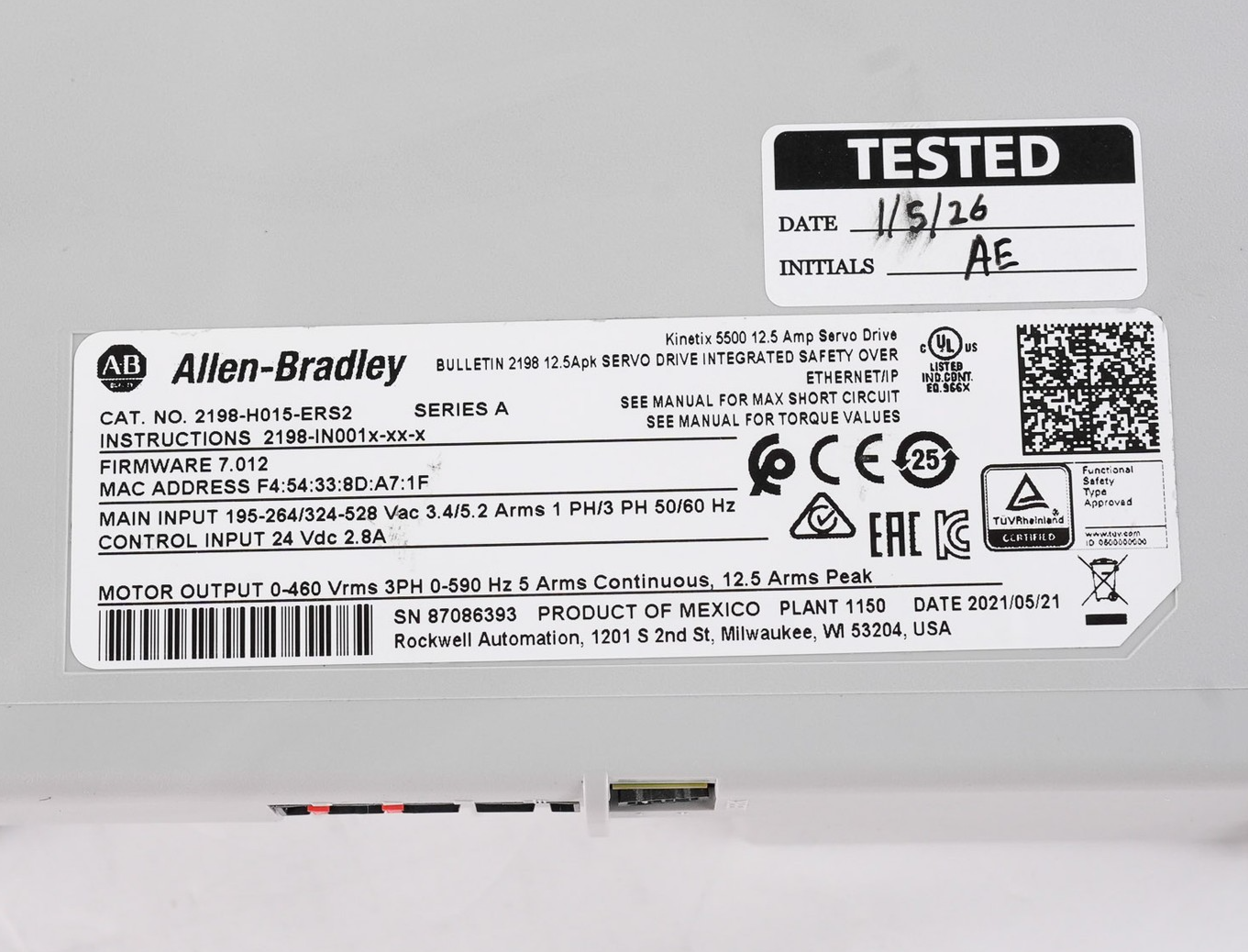 Allen Bradley 2198-H015-ERS2 /A Kinetix 5500 Servo Drive 3-Phase 2198H015ERS2