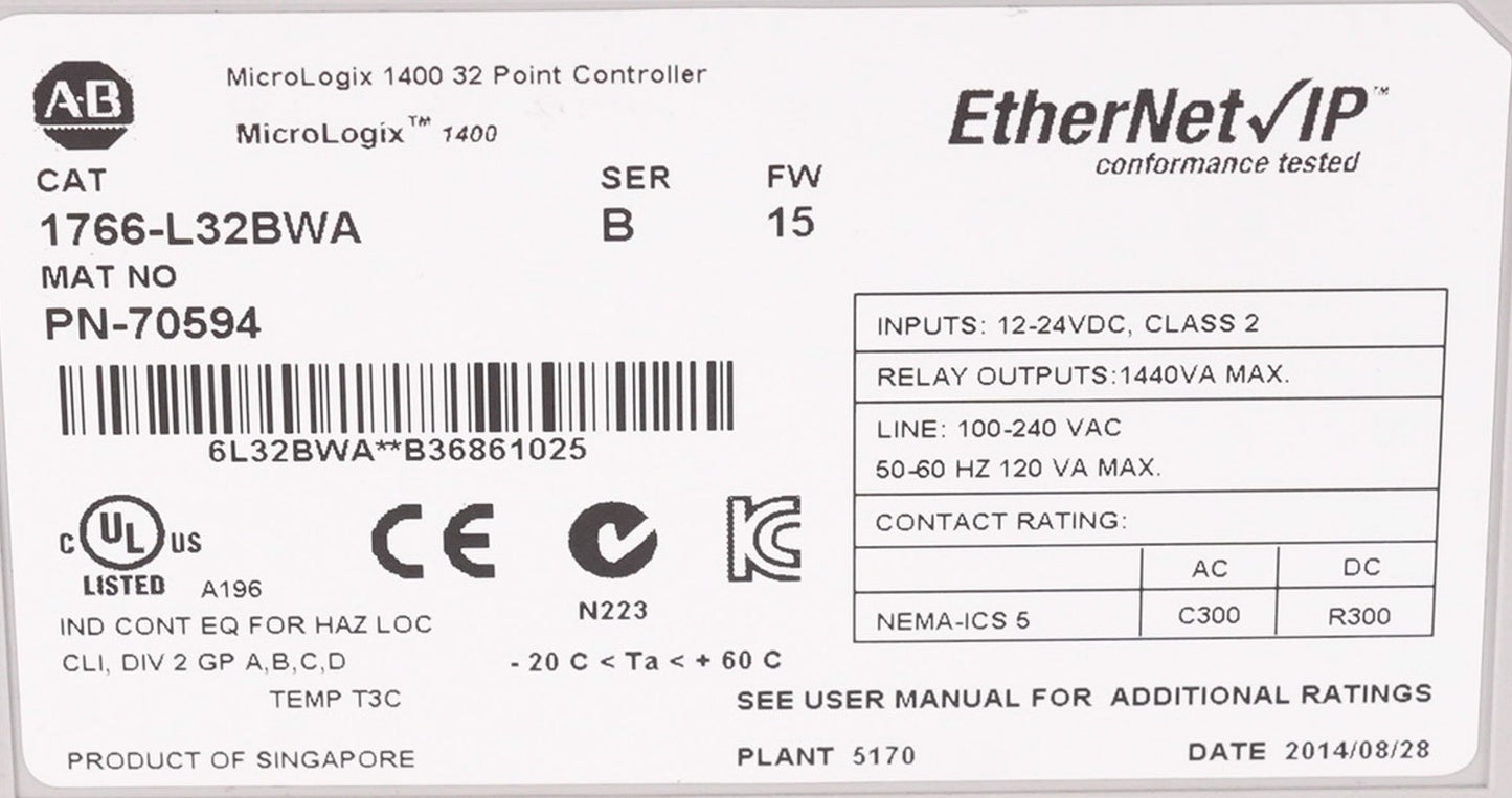 Allen Bradley 1766-L32BWA /B MicroLogix 1400 32-Point Controller 1766L32BWA
