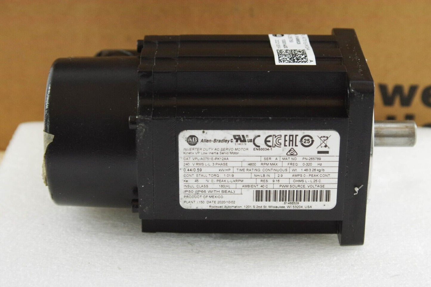 2020 Allen-Bradley VPL-A0751E-PK12AA Ser A VPL Low Inertia Motor - New Open Box