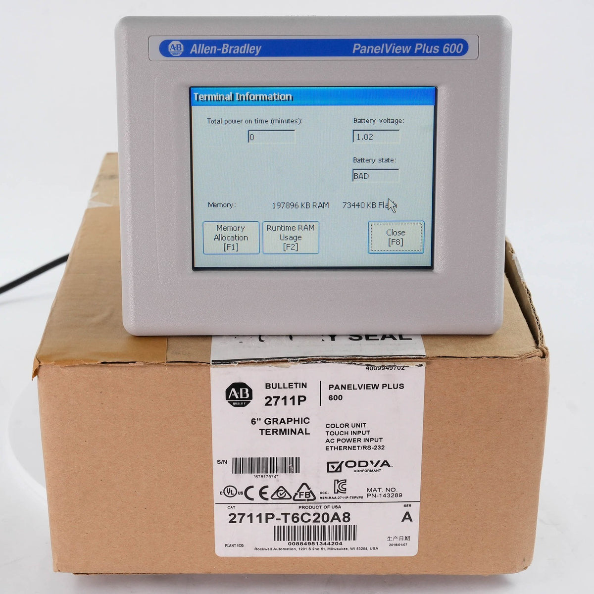 Allen Bradley 2711P-T6C20A8 PanelView Plus 600 Color Touch 100-240 VAC Open Box