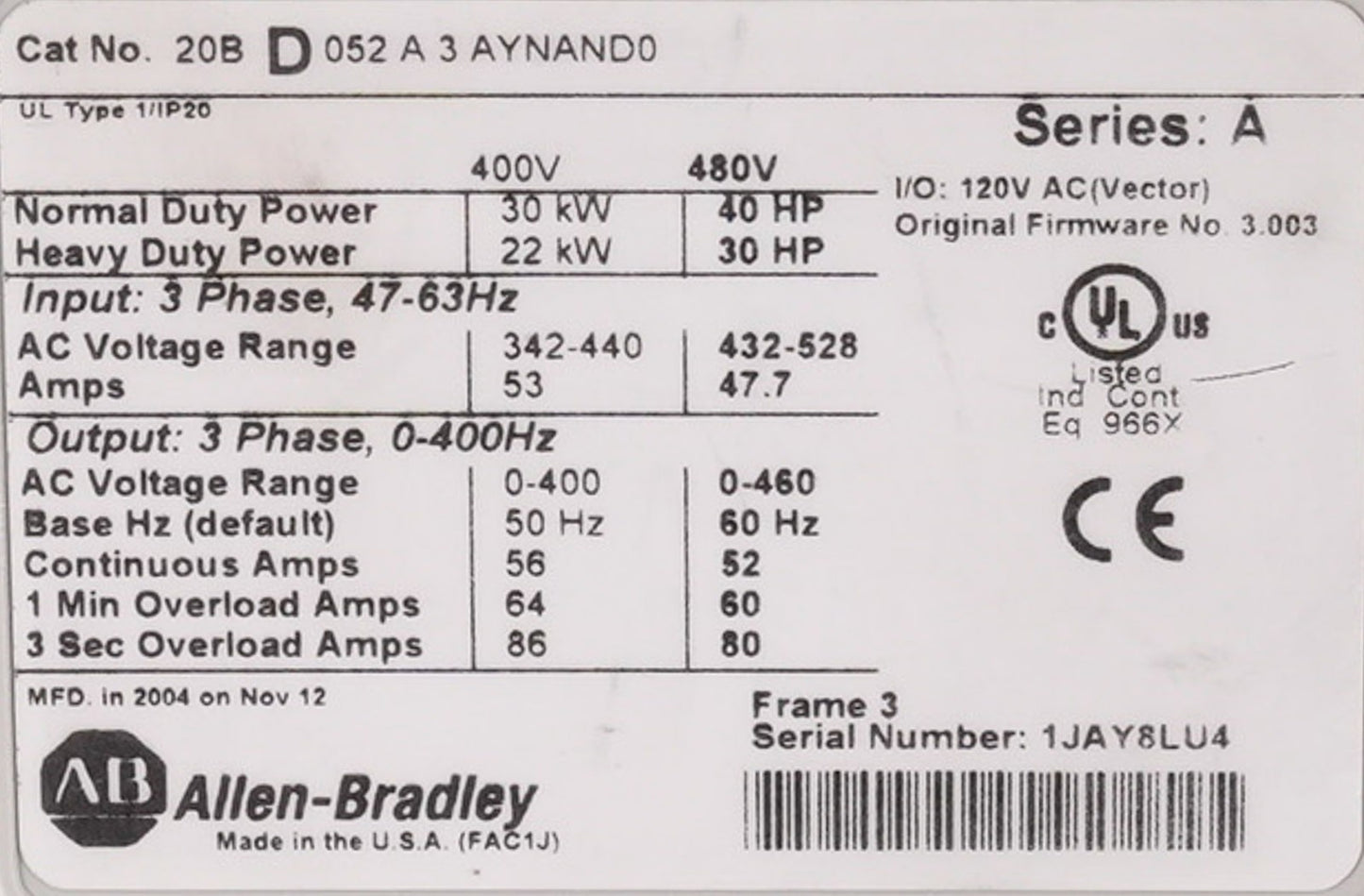 Allen Bradley 20BD052A3AYNAND0 /A PowerFlex 700 AC Drive 480V 52A 40HP
