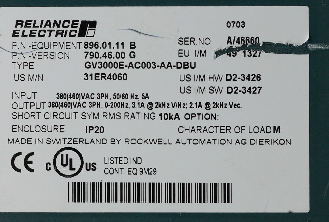 Reliance Electric GV3000E-AC003-AA-DBU 3-Phase Drive GV3000EAC003AADBU