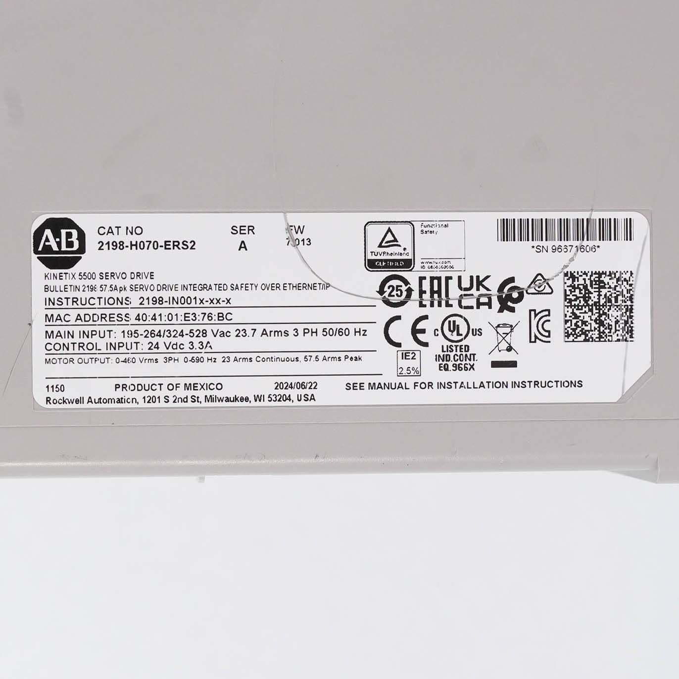 Allen Bradley 2198-H070-ERS2 Kinetix 5500 Servo Drive 23A 190-528V 2198H070ERS2