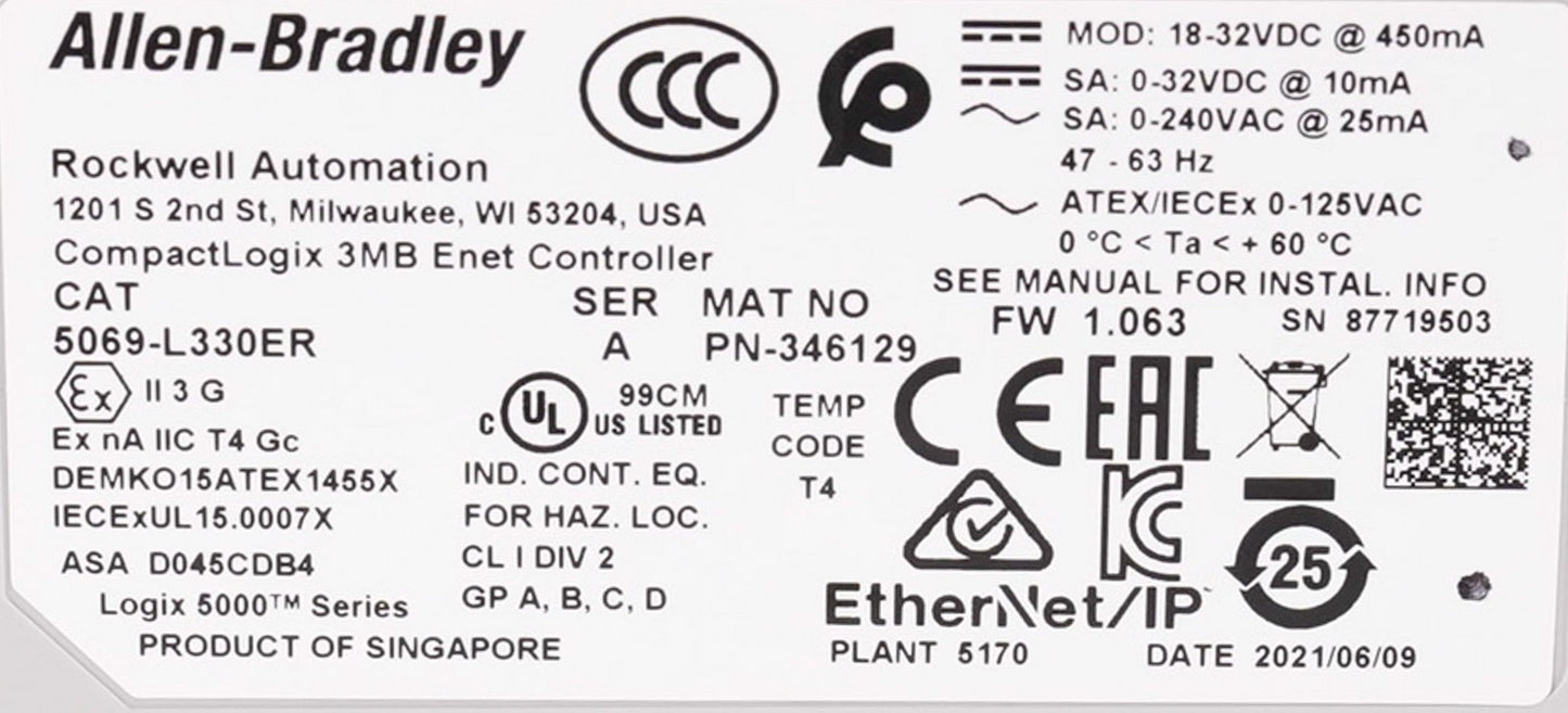 Allen Bradley 5069-L330ER CompactLogix 5380 Controller 3MB + Warranty