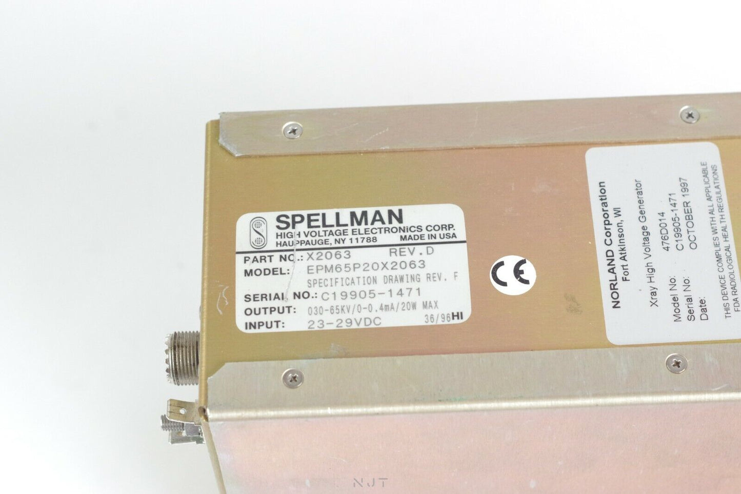 Spellman High Voltage 20W X-Ray Generator X2063 REV.D EMP65P20X2063