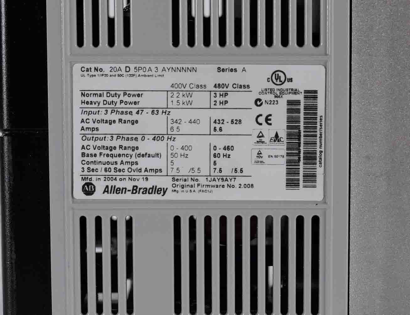 Allen Bradley 20AD5P0A3AYNNNNN /A PowerFlex 70 AC Drive 480V 3HP 3-Phase
