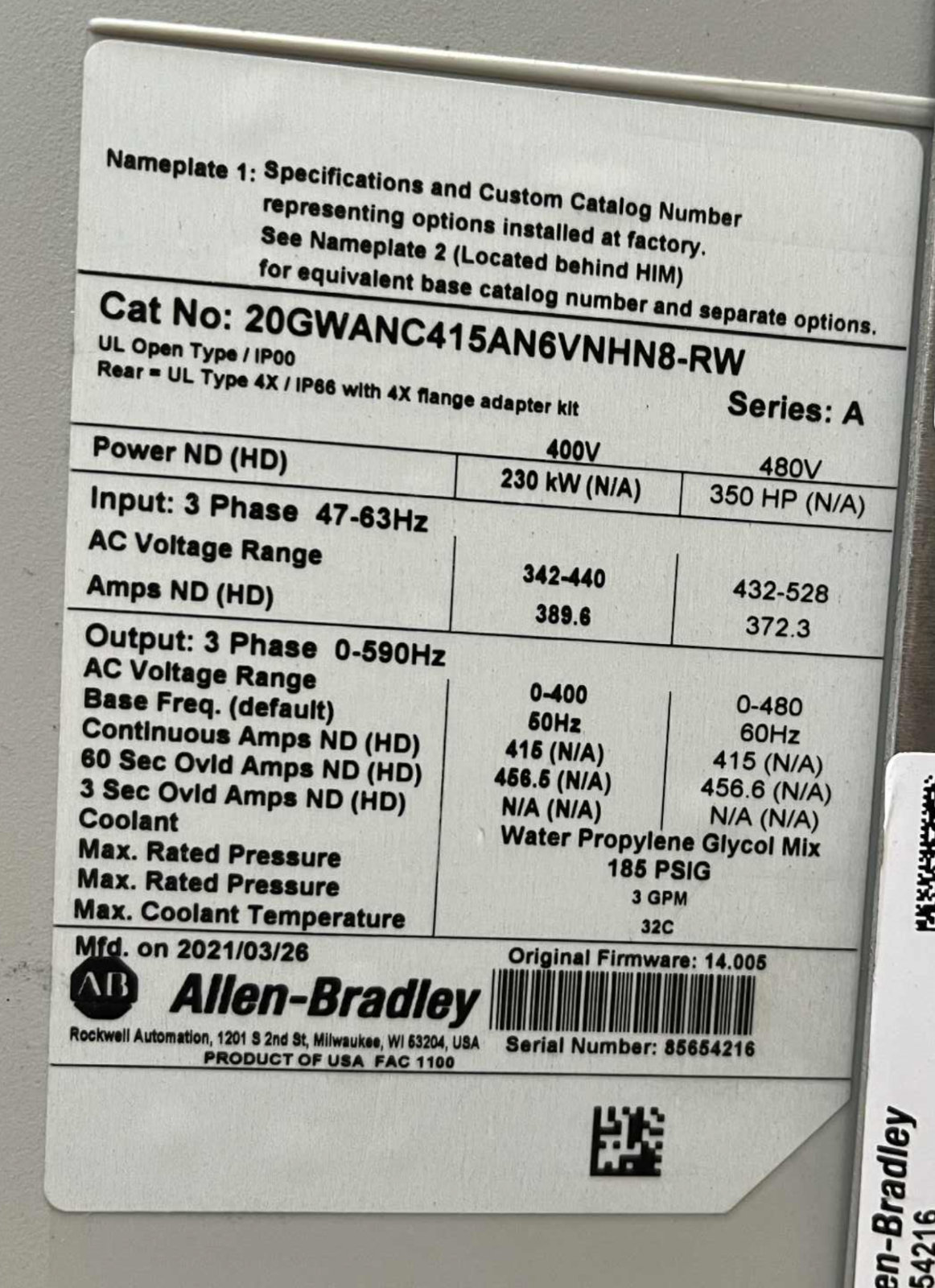Allen Bradley Powerflex 755 350HP DRIVE 20GWANC415AN6VNHN8-RW MOD03009 +Warranty