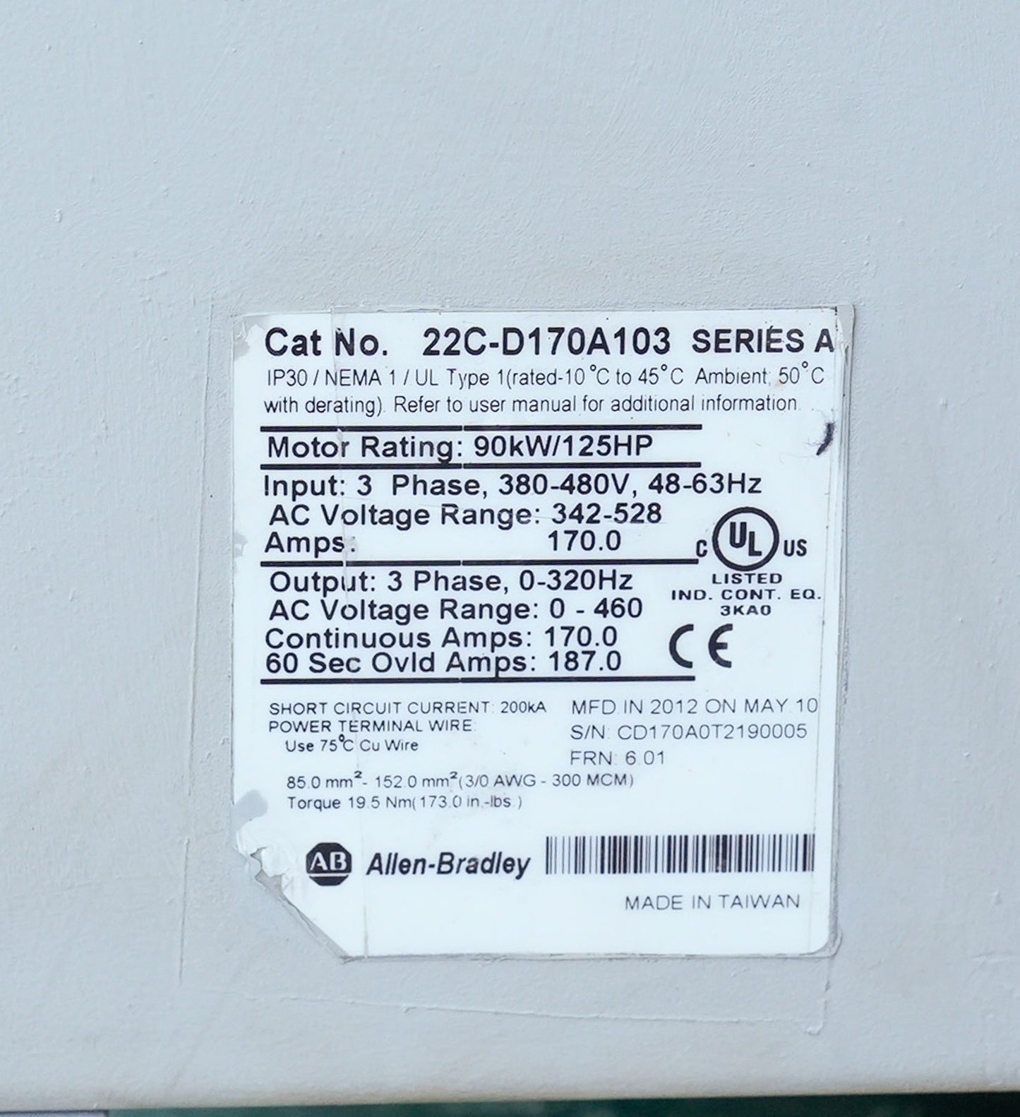 Allen Bradley 22C-D170A103 /A PowerFlex 400 AC Drive 480V 125HP 3-Phase 90kW