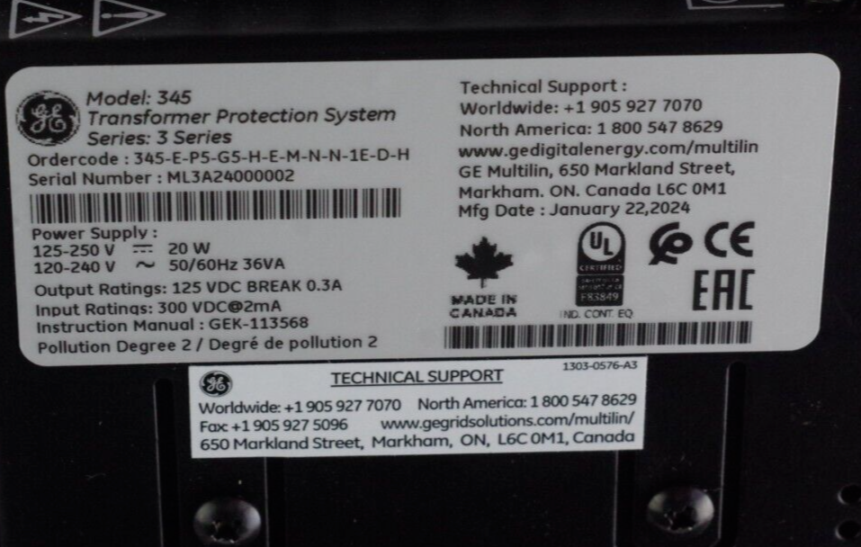 GE Multilin 345 Transformer Protection System 345-E-P5-G5-H-E-M-N-N-1E-D-H Open