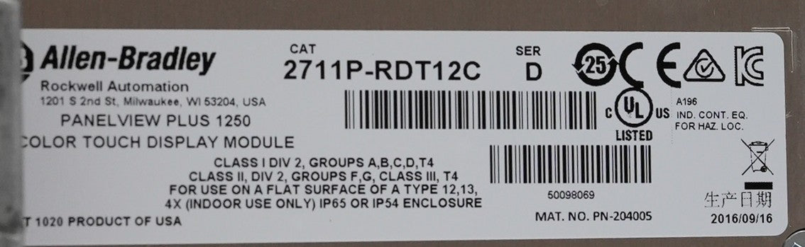 Allen Bradley 2711P-T12C4D9 A Panelview Plus 1250 Assembled Terminal RP9D RDT12C