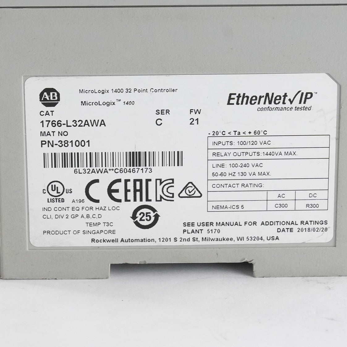 Allen Bradley 1766-L32AWA Ser C FW 21 MicroLogix 1400 Controller 32-Point