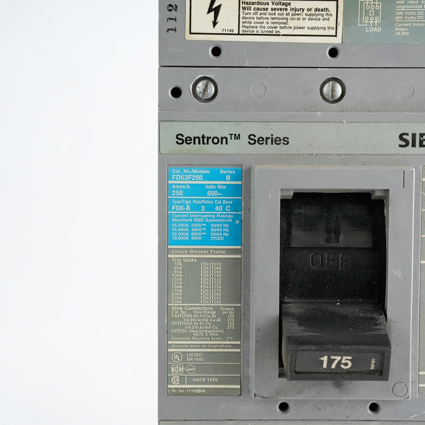 Siemens FD63F250 /B Sentron Series Breaker 250A 600V 3-Pole