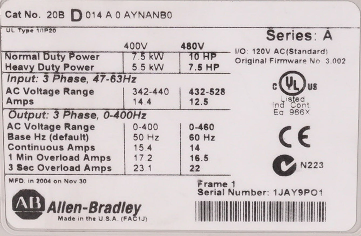 Allen Bradley 20BD014A0AYNANB0 /A PowerFlex 700 AC Drive 480V 10HP 3-Phase