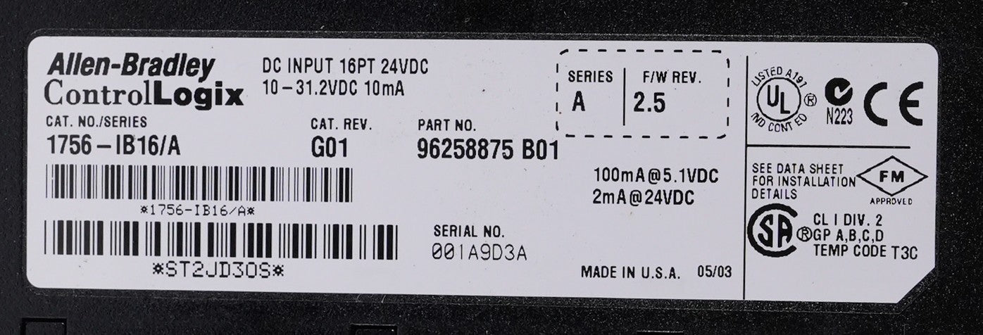 Allen Bradley 1756-IB16 /A CAT. REV. G01 F/W REV. 2.5 Input Module 1756IB16