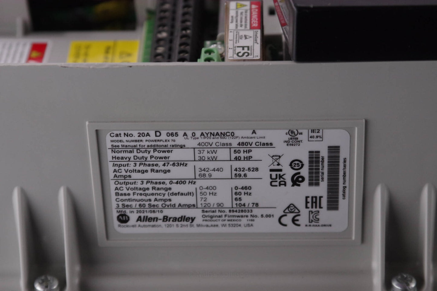 2021 Allen Bradley 20AD065A0AYNANC0 /A PowerFlex 70 AC Drive 50hp Refurbished