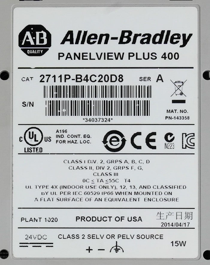 Allen Bradley 2711P-B4C20D8 /A Panelview Plus 400 Display Terminal 2711PB4C20D8