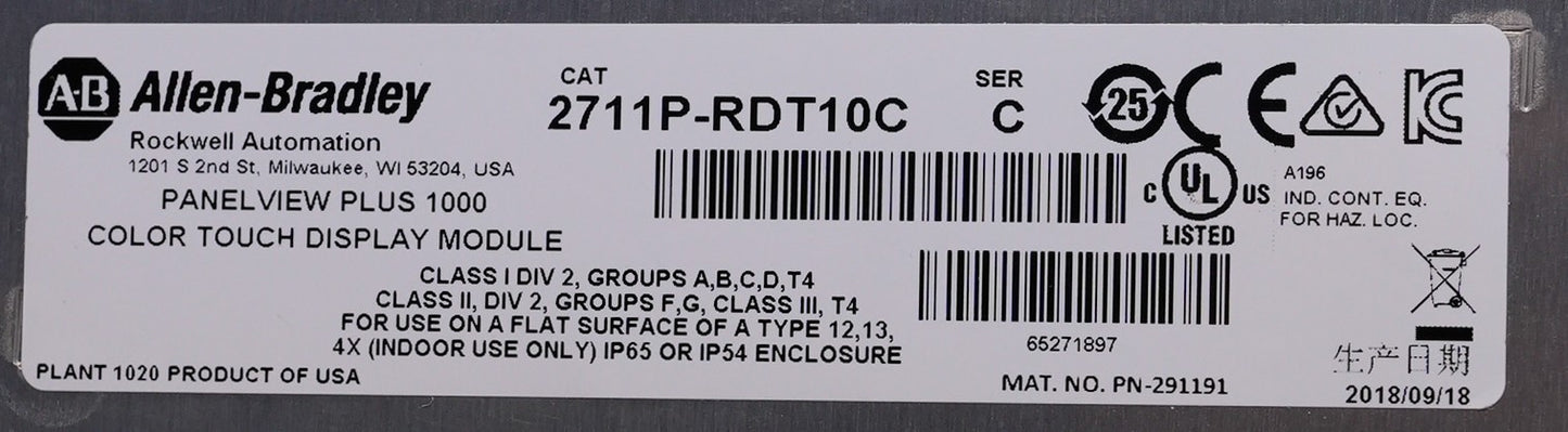 Allen Bradley 2711P-T10C4D8 /A PanelView Plus 1000 RP8D/B - Without Original Box