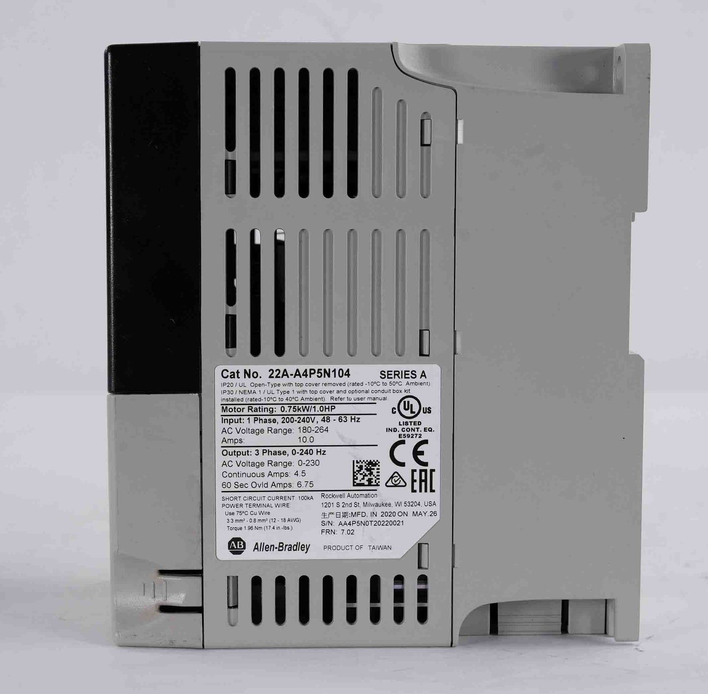 Allen Bradley 22A-A4P5N104 /A PowerFlex 4 AC Drive 1HP 0.75kW 22AA4P5N104